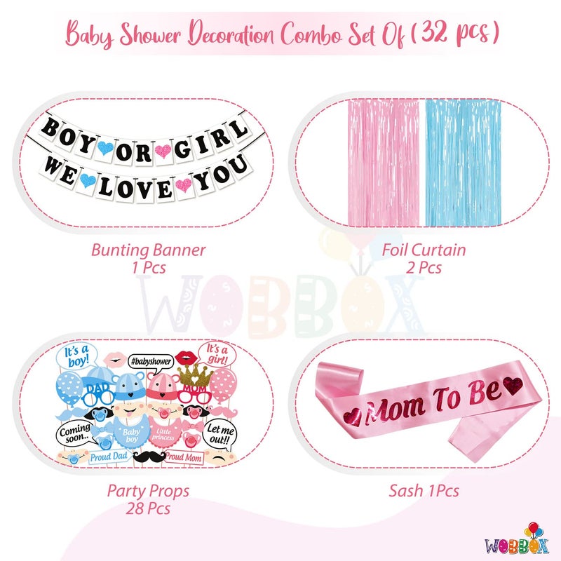 WOBBOX Baby Shower Combo of Party Props 30 Pcs with Blue & Pink Heart Boy Or Girl We Love You Banner, Mom to be Light Pink Sash, with Blue & Pink Foil Fringe, Baby Shower Decoration Item (Pack of 4) - Image 2