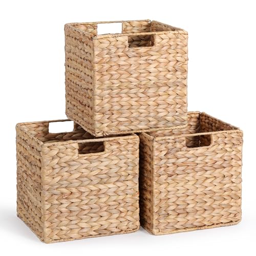 12 x 12 x 12in Water Hyacinth Storage Baskets Wicker Storage Baskets for Shelves Foldable Square Bins for IKEA Kallax Set of 3 Large Cubby Rattan Basket Wicker Basket for Organizing