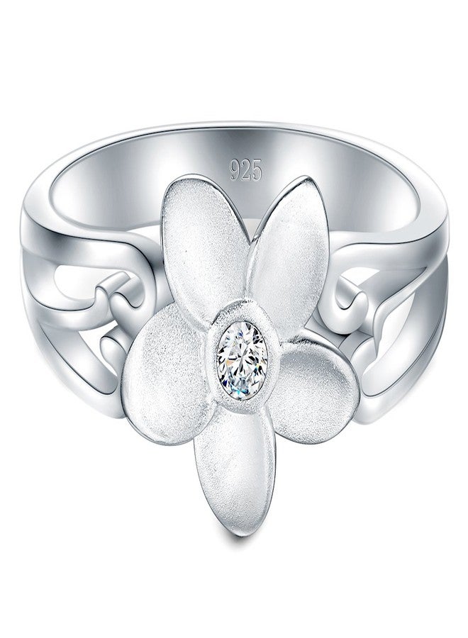 BORUO 925 Sterling Silver Ring, Plumeria Cubic Zirconia CZ Hawaiian Flower Comfort Fit Wedding Band Ring Size 7 - Image 2