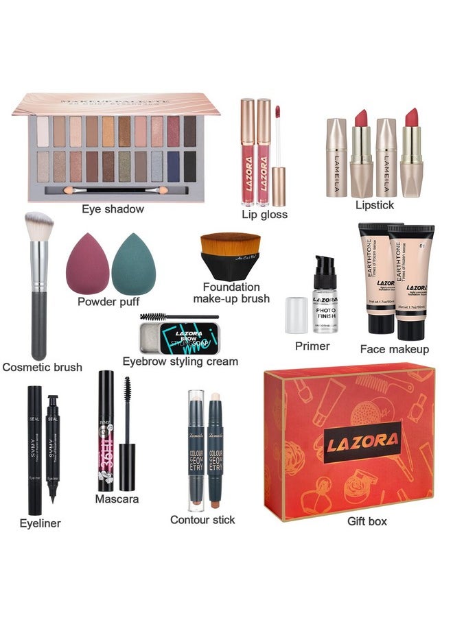 LAZORA - All In One Makeup Kit For Women Full Kit Includes 20 Colors Eyeshadow Palette Foundation & Face Primer, Makeup Brush Makeup Sponge, Eyebrow Soap, Winged Eyeliner Stamp Gift Set For Women, Girls & Teen - Image 1