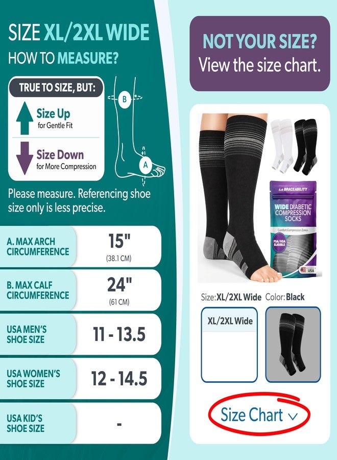 BraceAbility Plus Size Wide Calf Knee High Diabetic Compression Socks for Women and Men, 20-30 mmHg Toeless Design for Neuropathy, Edema, Swollen Legs, Circulation (XL/2XL Wide Calf - Black) - Image 2