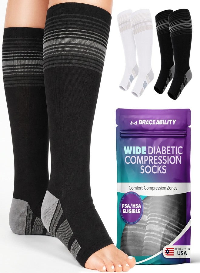 BraceAbility Plus Size Wide Calf Knee High Diabetic Compression Socks for Women and Men, 20-30 mmHg Toeless Design for Neuropathy, Edema, Swollen Legs, Circulation (XL/2XL Wide Calf - Black) - Image 1