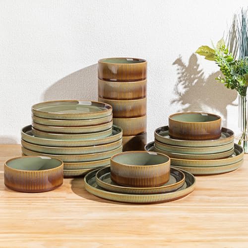 TheTerra Ceramic Dinnerware Sets for 8, 24 Pieces Porcelain Lightweight Plates and Bowls Sets, Scratch Resistant Dish Set, Oven & Microwave & Dishwasher Safe, Sage Umber - Image 1