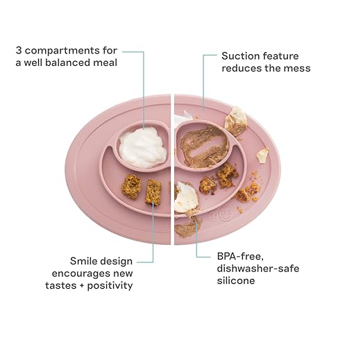 ezpz Mini Mat - 100% Food Grade Silicone Suction Divided Plate with Built-in Placemat for Infants + Toddlers Promotes Baby Self-Feeding for Highchair, Dining Table - Microwave Safe - 6Months+ (Blush) - Image 2