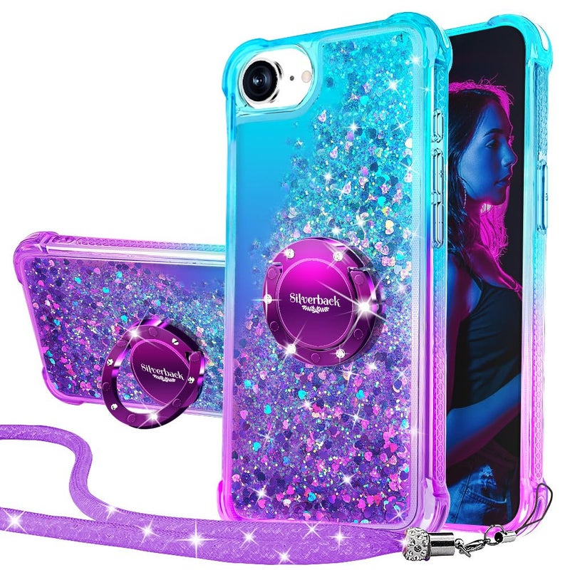 Silverback for iPhone 17e Case/iPhone 16e Case with Stand, Moving Liquid Holographic Sparkle Glitter Case with Kickstand, Girls Women Bling Diamond Ring Protective Cover - Purple - Image 1