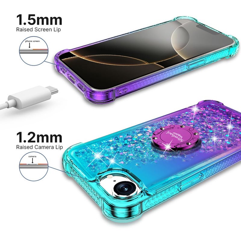 Silverback for iPhone 17e Case/iPhone 16e Case with Stand, Moving Liquid Holographic Sparkle Glitter Case with Kickstand, Girls Women Bling Diamond Ring Protective Cover - Purple - Image 3