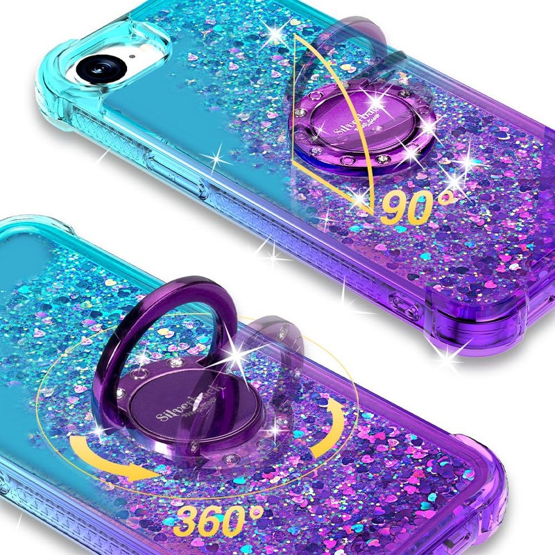 Silverback for iPhone 17e Case/iPhone 16e Case with Stand, Moving Liquid Holographic Sparkle Glitter Case with Kickstand, Girls Women Bling Diamond Ring Protective Cover - Purple - Image 2