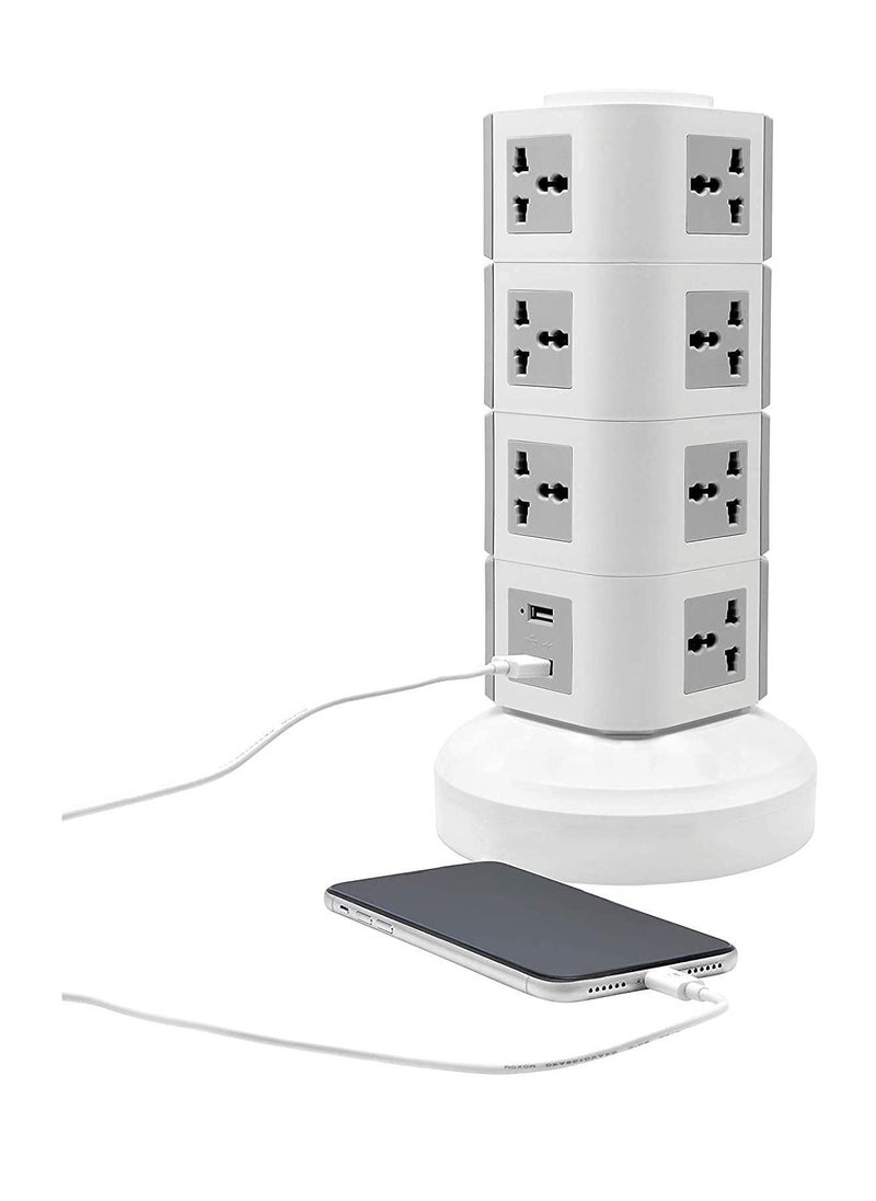 NTECH 220V Universal Vertical Multi Socket Tower Electrical Outlet Lead Extension with USB Ports 3M Cord UK Plug Power Strip 4 Layers (Gray)