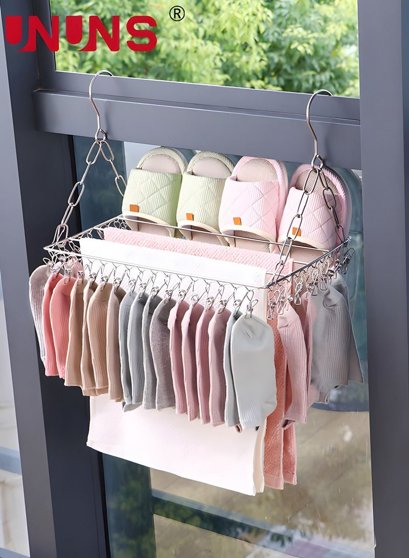 UNUNS 45 Clips Hangers Clothes Drying Rack,Stainless Steel Folding Towel Rack Indoor Outdoor Laundry Rack With Sock Clips For Drying Socks,25x60cm - Image 1