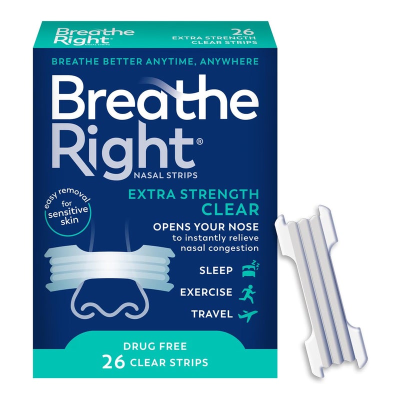 Breathe Right Nasal Strips | Extra Strength | Clear Nasal Strips | For Sensitive Skin | Help Stop Snoring | Drug-Free Snoring Solution & Nasal Congestion Relief Caused by Colds & Allergies | 26 Count - Image 1