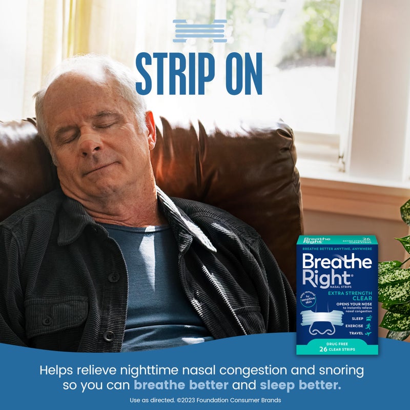 Breathe Right Nasal Strips | Extra Strength | Clear Nasal Strips | For Sensitive Skin | Help Stop Snoring | Drug-Free Snoring Solution & Nasal Congestion Relief Caused by Colds & Allergies | 26 Count - Image 2