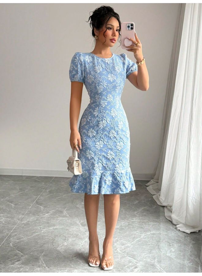 Sky Blue Summer Puff Sleeve Textured Jacquard Round Neck Vintage Style Dress