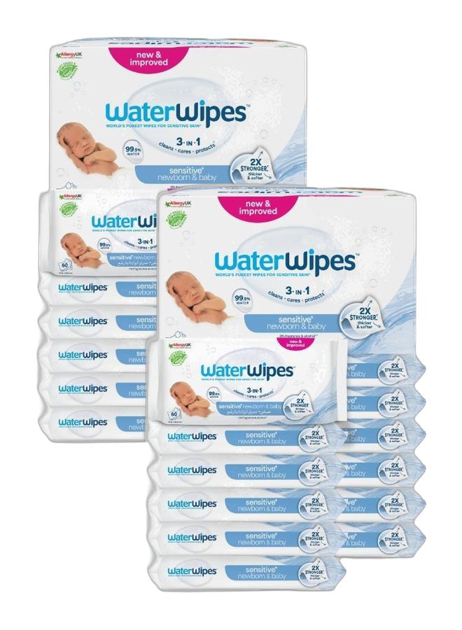 WaterWipes Sensitive+ Newborn & Baby Wipes, 720 Count (12 Packs), 3-In-1 Cleans, Cares, Protects, 99.9% Water, Unscented Bundle - Image 1