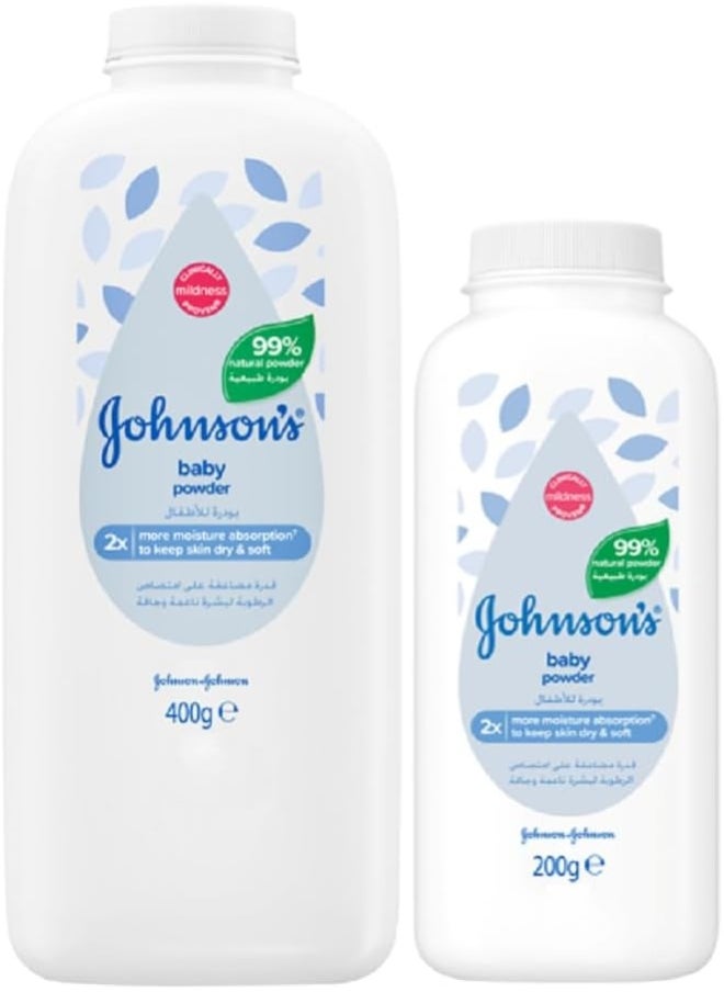 Johnson's Baby Johnson's Baby Powder, Cornstarch Formulation, 99% Plant-Based Powder, Talc-free, Absorbs Moisture & Protects Skin, Classic Baby Fragrance, Dermatologist Tested, 400g + 200g  - Image 1