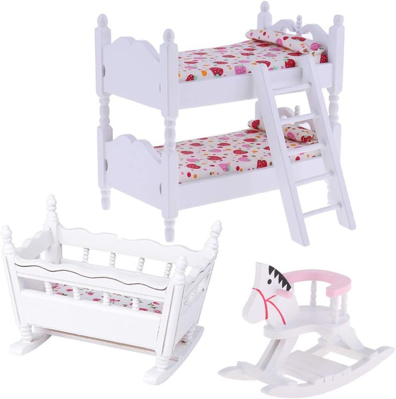 klarako 1/12 Dollhouse Bedroom Furniture Set - White Wooden Bunk Bed with Mattress, Cradle with Mattress, and Rocking Horse, Nursery Room Decoration - Image 1