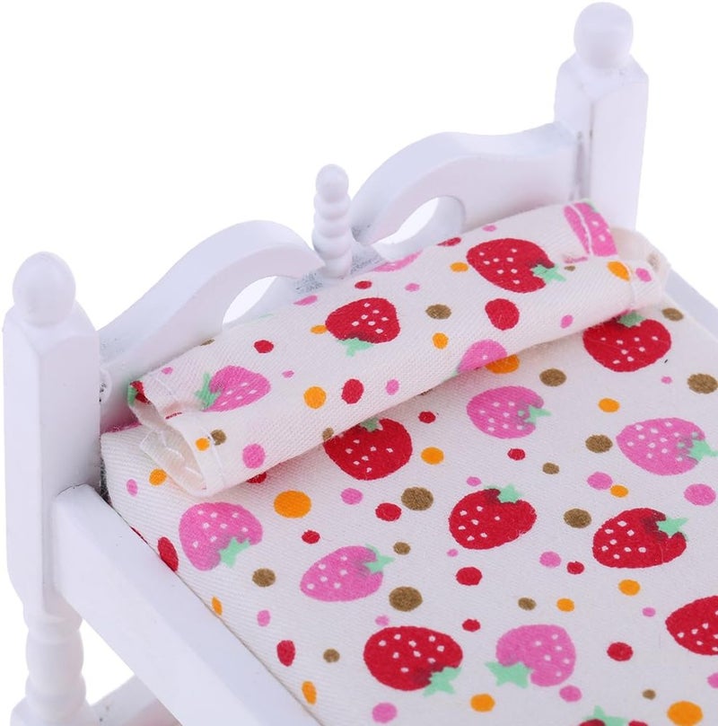 klarako 1/12 Dollhouse Bedroom Furniture Set - White Wooden Bunk Bed with Mattress, Cradle with Mattress, and Rocking Horse, Nursery Room Decoration - Image 2