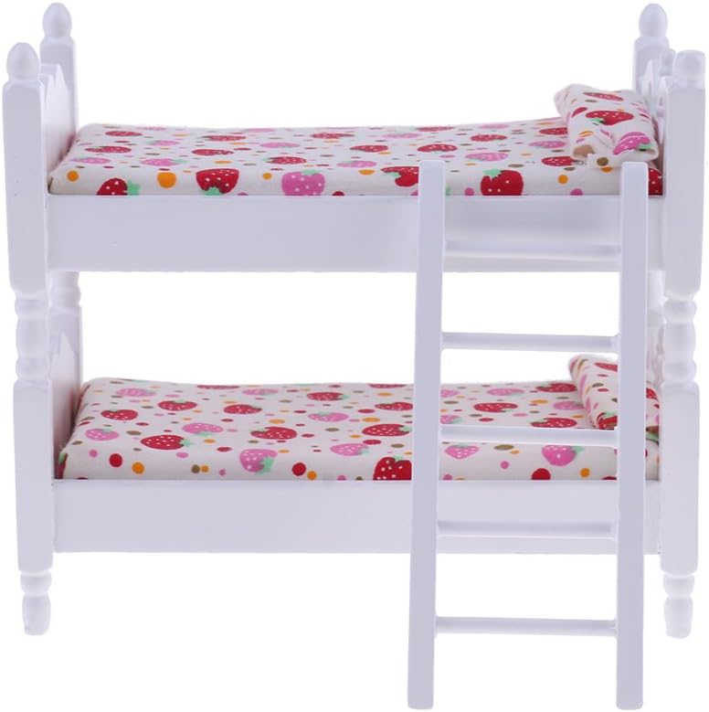 klarako 1/12 Dollhouse Bedroom Furniture Set - White Wooden Bunk Bed with Mattress, Cradle with Mattress, and Rocking Horse, Nursery Room Decoration - Image 5