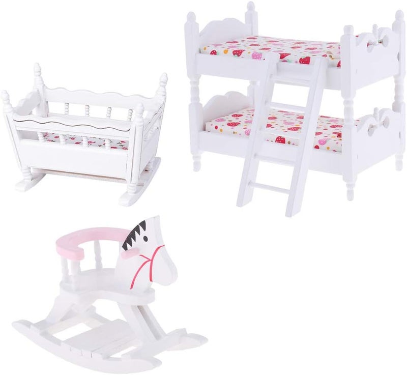 klarako 1/12 Dollhouse Bedroom Furniture Set - White Wooden Bunk Bed with Mattress, Cradle with Mattress, and Rocking Horse, Nursery Room Decoration - Image 3