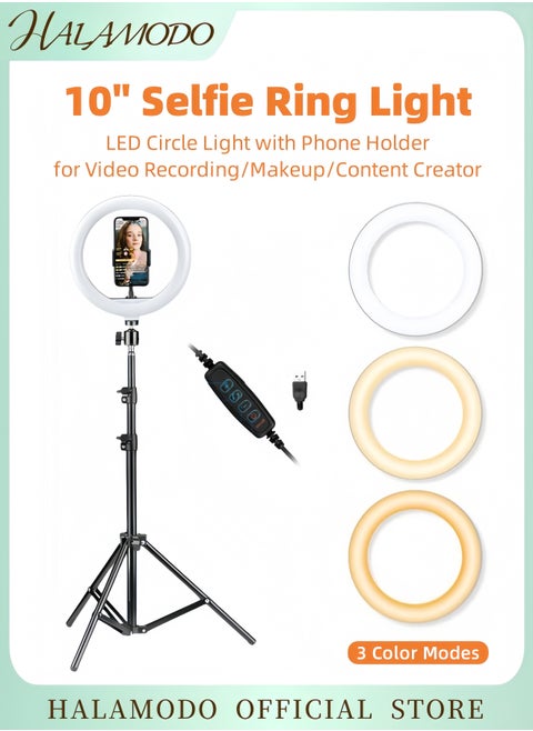 10'' Ring Light with Adjustable Tripod Stand and Phone Holder USB Powered Fill Light with 3 Color Modes for Live Streaming Makeup Video Recording TikTok YouTube Photography
