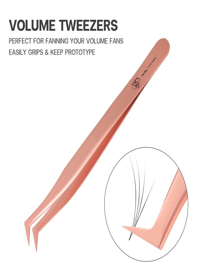 Pretty memory Volume Lash Tweezers,Stainless Steel Eyelash Extension Tweezers, Professional Precision Mega Curved Angled Tweezer, Rose Gold - Image 2