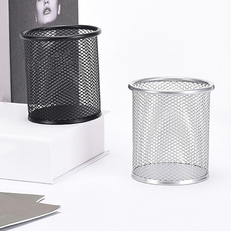 Surakey 4 Packs Wire Mesh Pencil Holder Metal Pen Cup Desk Round Pen Organizer Case Pencil Jar Black Stationery Storage Container for Home Study Room Office Library School and Store (Black) - Image 5