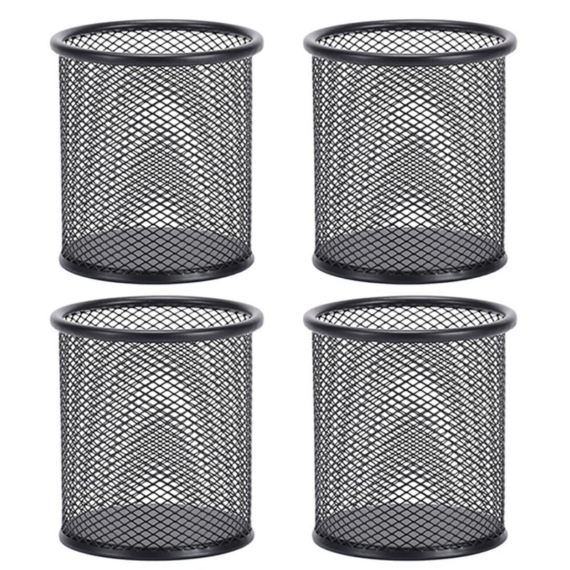 Surakey 4 Packs Wire Mesh Pencil Holder Metal Pen Cup Desk Round Pen Organizer Case Pencil Jar Black Stationery Storage Container for Home Study Room Office Library School and Store (Black) - Image 1