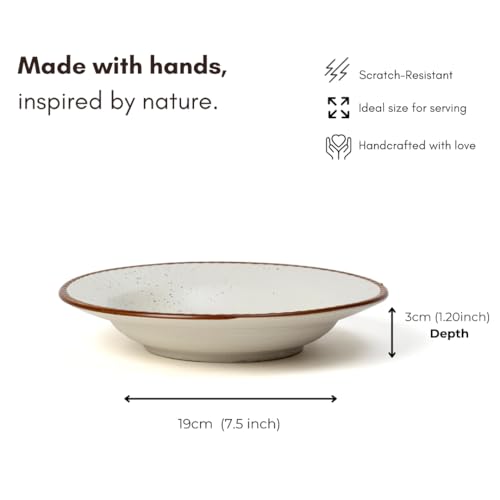 Beyond Homes Ceramic Pasta Plates Shallow, 19 cm, Set of 4, White Brown | Matte Finish Ceramic Pasta Bowl | Stoneware Flat Pasta & Maggie Bowl | Chip Resistant | Microwave Safe (4, White Brown Border) - Image 2