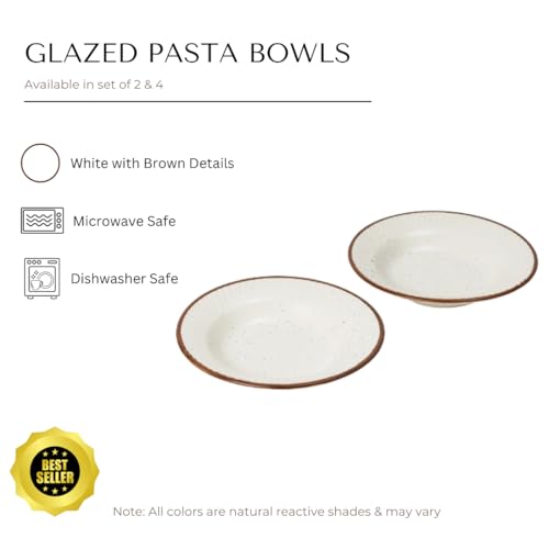 Beyond Homes Ceramic Pasta Plates Shallow, 19 cm, Set of 4, White Brown | Matte Finish Ceramic Pasta Bowl | Stoneware Flat Pasta & Maggie Bowl | Chip Resistant | Microwave Safe (4, White Brown Border) - Image 4