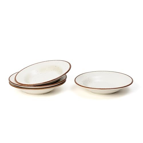 Beyond Homes Ceramic Pasta Plates Shallow, 19 cm, Set of 4, White Brown | Matte Finish Ceramic Pasta Bowl | Stoneware Flat Pasta & Maggie Bowl | Chip Resistant | Microwave Safe (4, White Brown Border) - Image 1