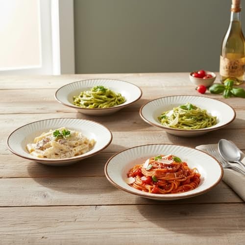 Beyond Homes Ceramic Pasta Plates Shallow, 19 cm, Set of 4, White Brown | Matte Finish Ceramic Pasta Bowl | Stoneware Flat Pasta & Maggie Bowl | Chip Resistant | Microwave Safe (4, White Brown Border) - Image 3