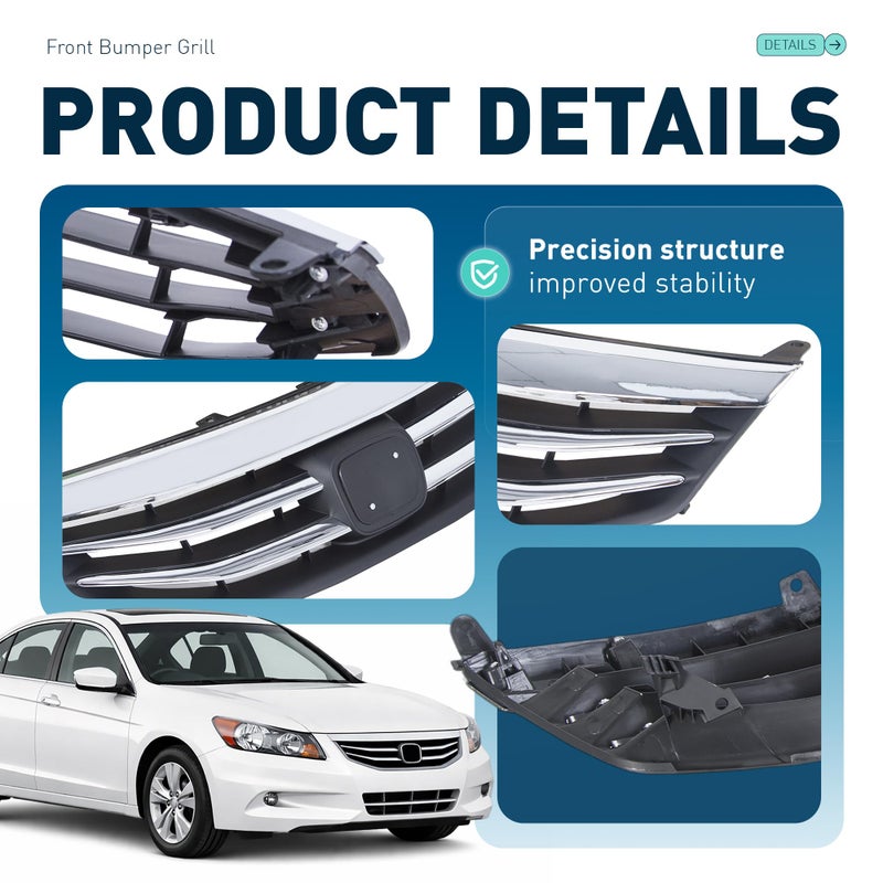 ALMULOO Front Bumper Grill Compatible with 2011-2012 Honda Accord Sedan 4 Door Upper Black Chrome Grille ABS Plastic Replacement for HO1200203 71121TA0A11 - Image 4