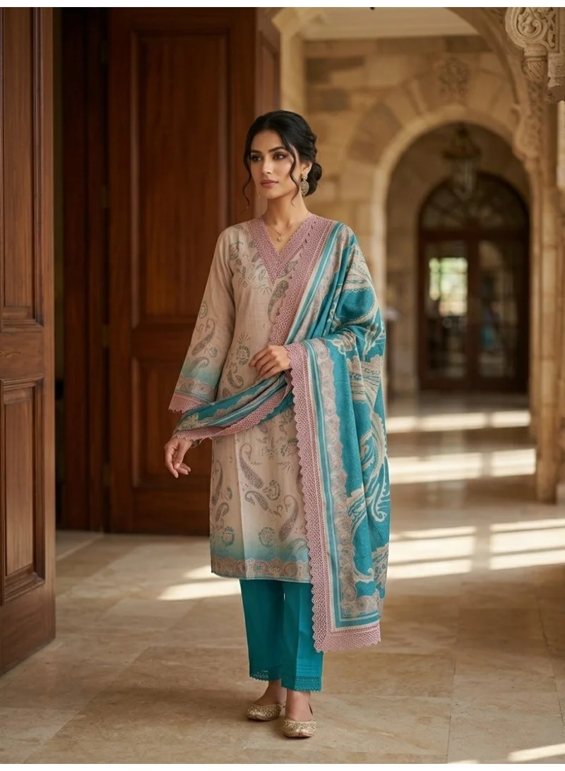 THUGFIT Women's Premium Paisley Print Kurta Set with Scalloped Lace Dupatta