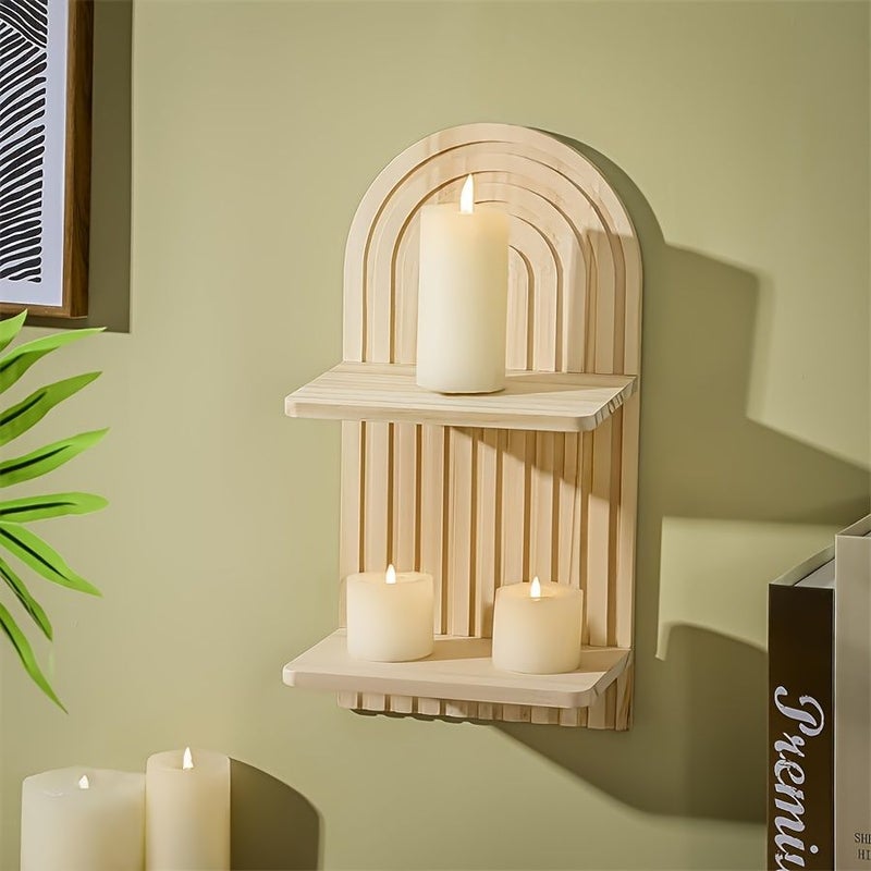 Bohemian Style B Wooden Wall Shelf 2 Tier Wall Mounted Storage Rack Home Decor Display - Image 1