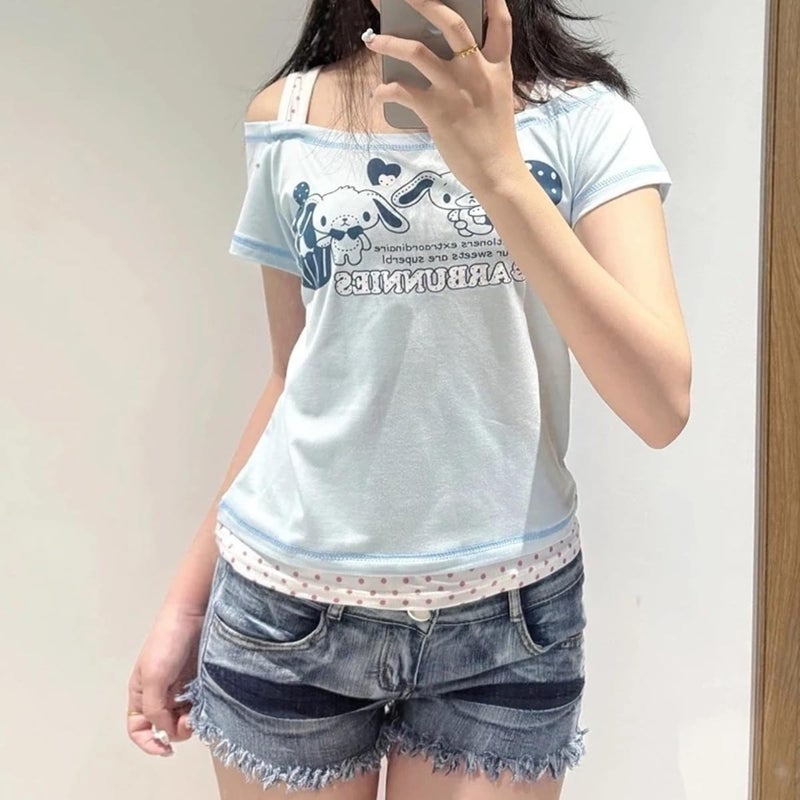 RICHTRUE Cutecore Harajuku Y2k Baby Tee Cute Kawaii Emo Grunge Shirt Women Vintage Graphic Tees Short Sleeve Alt Tops 2000s (Blue White Polka Dot,Large) - Image 4