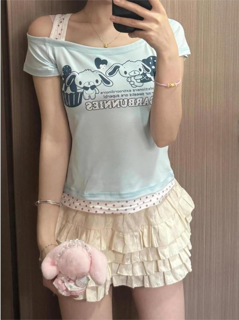 RICHTRUE Cutecore Harajuku Y2k Baby Tee Cute Kawaii Emo Grunge Shirt Women Vintage Graphic Tees Short Sleeve Alt Tops 2000s (Blue White Polka Dot,Large) - Image 2