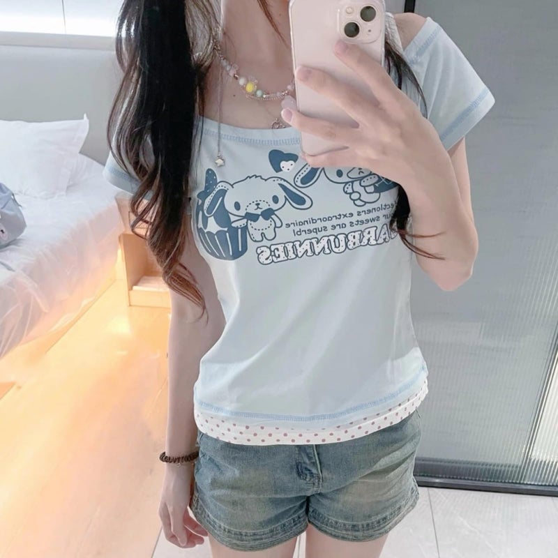 RICHTRUE Cutecore Harajuku Y2k Baby Tee Cute Kawaii Emo Grunge Shirt Women Vintage Graphic Tees Short Sleeve Alt Tops 2000s (Blue White Polka Dot,Large) - Image 3