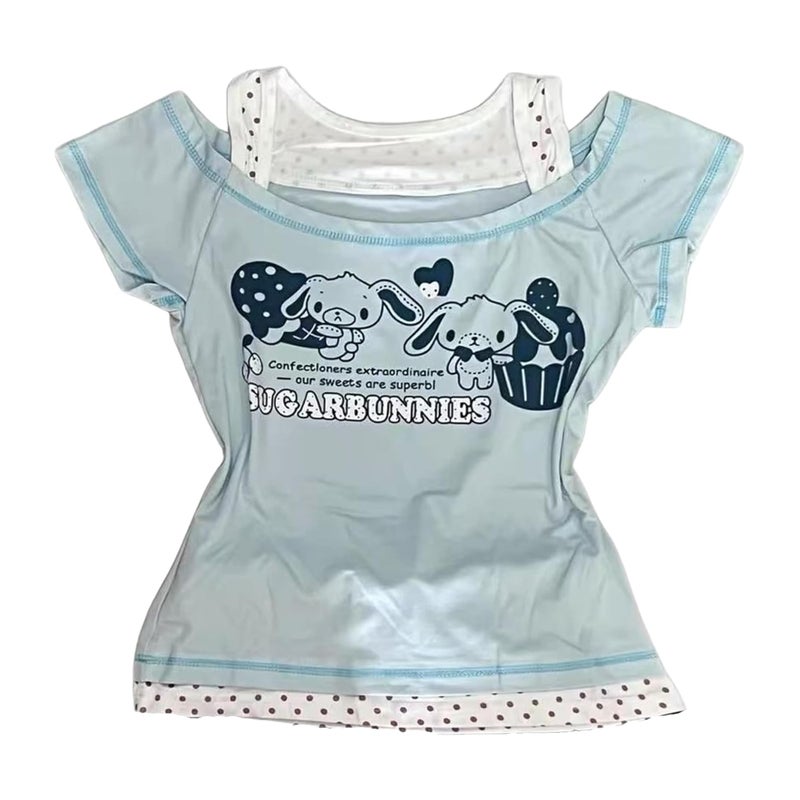 RICHTRUE Cutecore Harajuku Y2k Baby Tee Cute Kawaii Emo Grunge Shirt Women Vintage Graphic Tees Short Sleeve Alt Tops 2000s (Blue White Polka Dot,Large) - Image 1