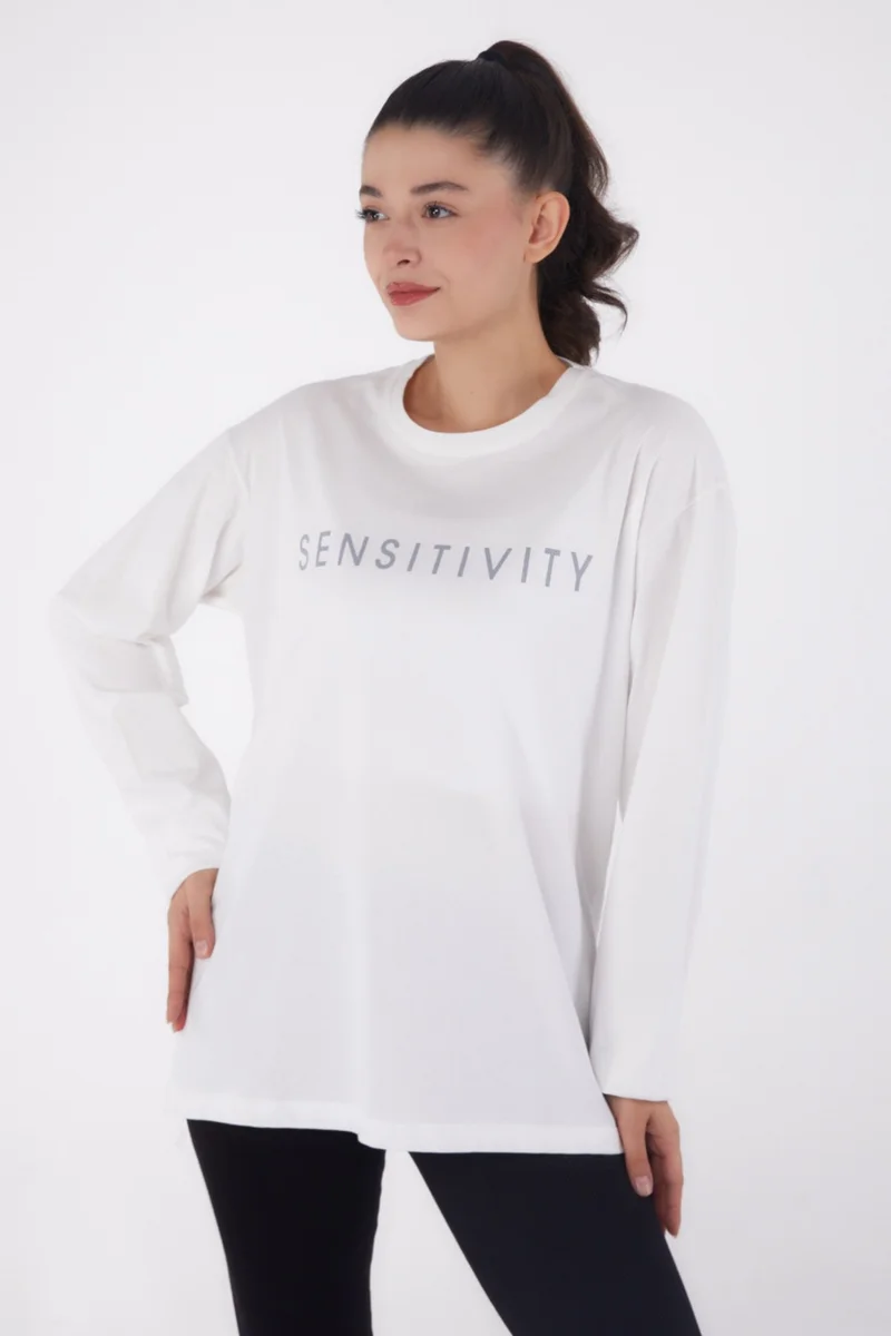 Tofisa Plain Crew Neck Women's White Printed Sweater - 26237