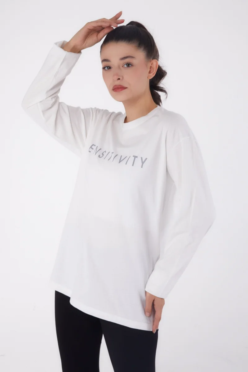 Tofisa Plain Crew Neck Women's White Printed Sweater - 26237