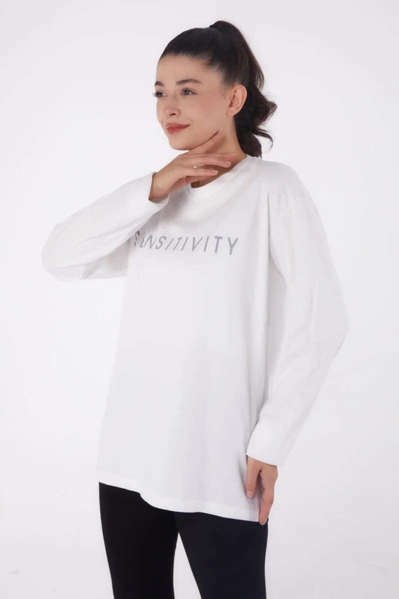 Tofisa Plain Crew Neck Women's White Printed Sweater - 26237