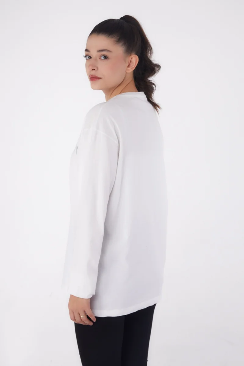Tofisa Plain Crew Neck Women's White Printed Sweater - 26237