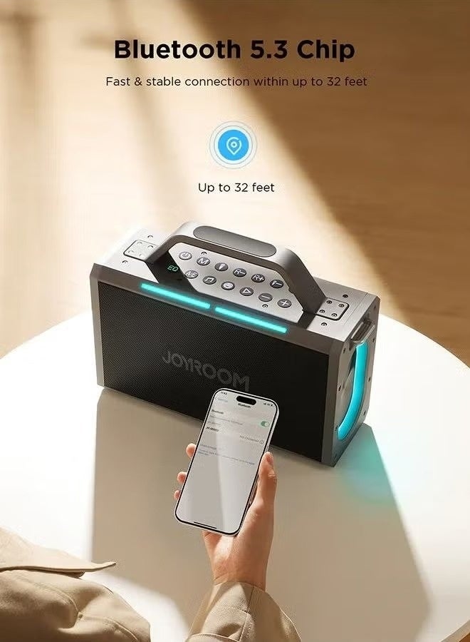 JOYROOM JR-MW03 Pies Series Party Double Microphone Bluetooth Speaker Emergency Battery with Bass/Treble and LED Light, Studio Subwoofer Support TWS, AUX, Type C , USB in, FM Etc.- Black - Image 5