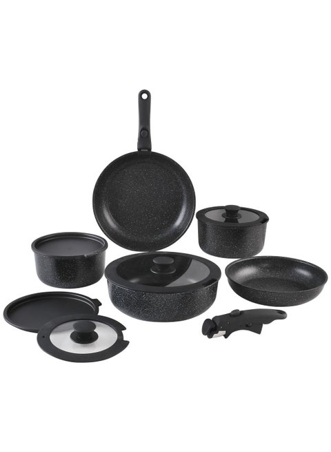 12 Piece Detachable Granite Cookware Set, Non-Stick, 1x24cm Frypan, 1x28cm Frypan, 1x18cm Saucepan with Tempered Glass Lid, 1x20cm Saucepan with Tempered Glass Lid, 1x26cm Saute Pan with Tempered Glass Lid, 1x18cm Fridge Lid, 1x20cm Fridge Lid, 2 handles - Black