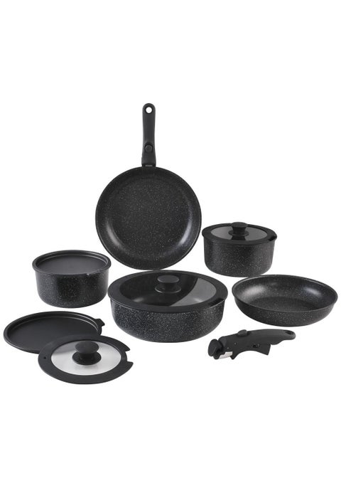 12 Piece Detachable Granite Cookware Set, Non-Stick, 1x24cm Frypan, 1x28cm Frypan, 1x18cm Saucepan with Tempered Glass Lid, 1x20cm Saucepan with Tempered Glass Lid, 1x26cm Saute Pan with Tempered Glass Lid, 1x18cm Fridge Lid, 1x20cm Fridge Lid, 2 handles - Black