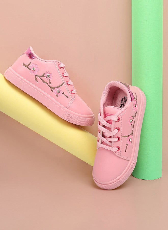 KATS Girls Pink Printed Lightweight Lace-up Sneakers - Image 1