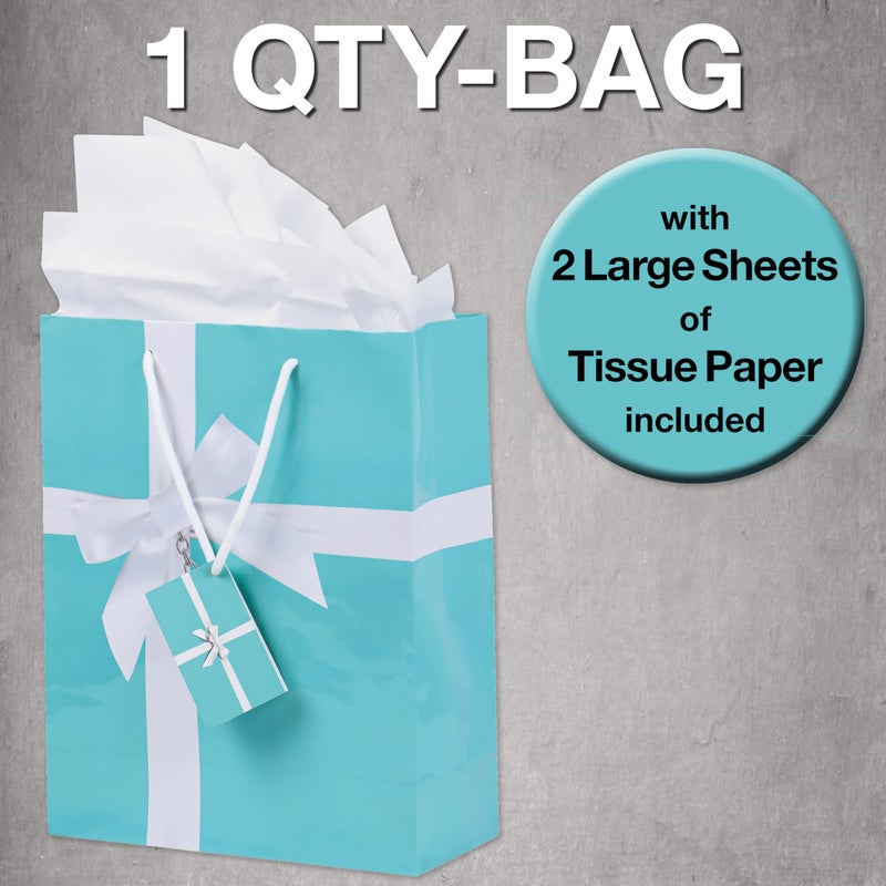 Havercamp Turquoise Paper Gift Bag with Tissue Paper - printed Satin Bow and Heart Locket graphics - Rope Handles, Gift Tag included- (10in X 12in X 4.25in) Medium size works with many gifts - Image 3