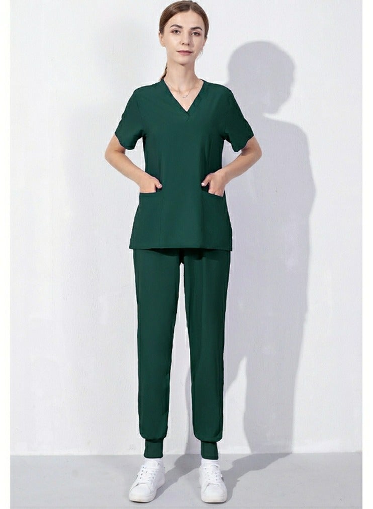 Loquat Medical Uniform Scrubs Set V-Neck Top and Loose Jogger Pants Suit Dark Green  - Image 1