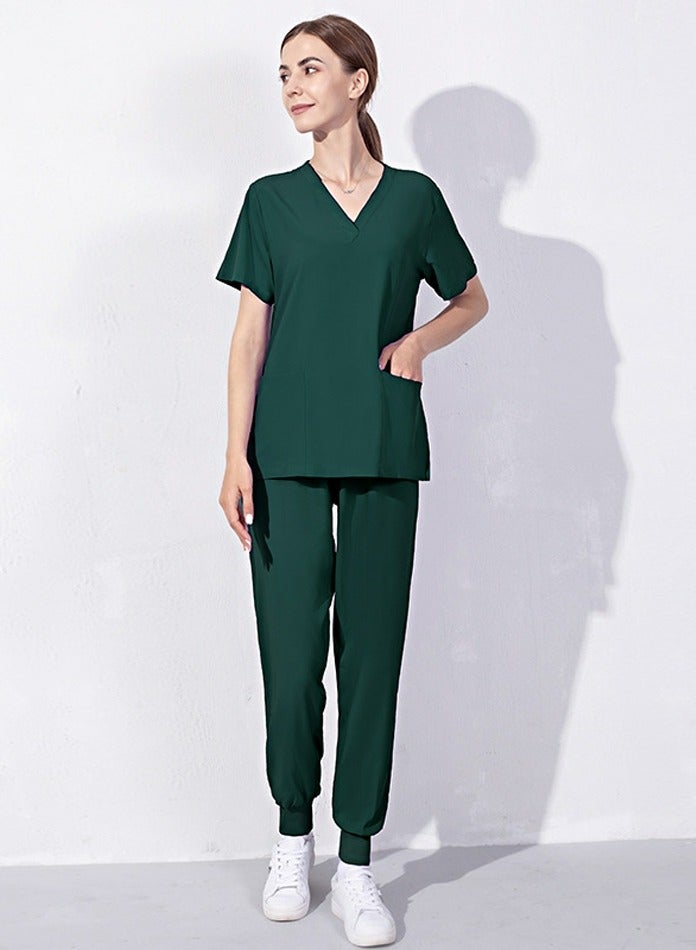 Loquat Medical Uniform Scrubs Set V-Neck Top and Loose Jogger Pants Suit Dark Green  - Image 2