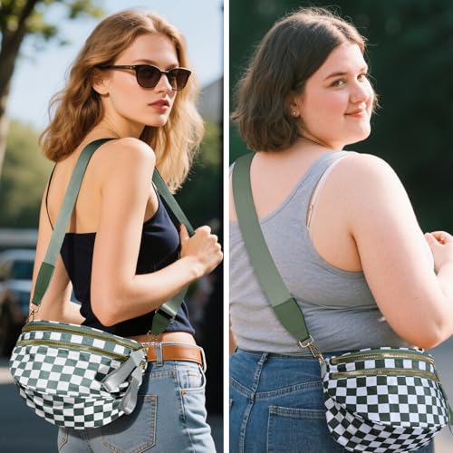 NEWROGENG Checkered Crossbody Bags for Women, Large Nylon Bum Bags Plus Size Fanny Pack Sling Bag Belt Bag for Women Travel, Beans Green Checkered - Image 2