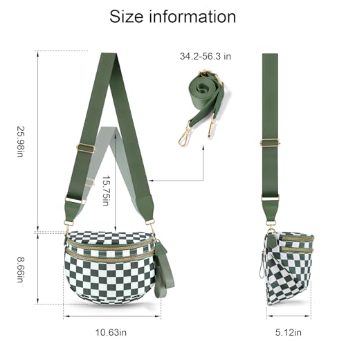 NEWROGENG Checkered Crossbody Bags for Women, Large Nylon Bum Bags Plus Size Fanny Pack Sling Bag Belt Bag for Women Travel, Beans Green Checkered - Image 4